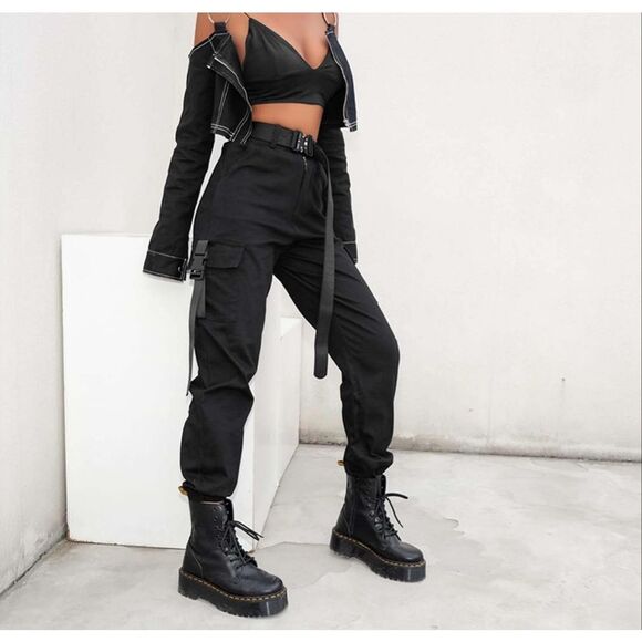 JEAAMKSSER Womens High Waisted Black Cargo Pants with Pockets Baggy Solid Y2k St - Picture 2 of 6
